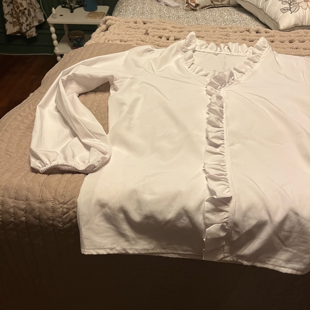 White Ruffle-Front Blouse - Picture 2 of 3